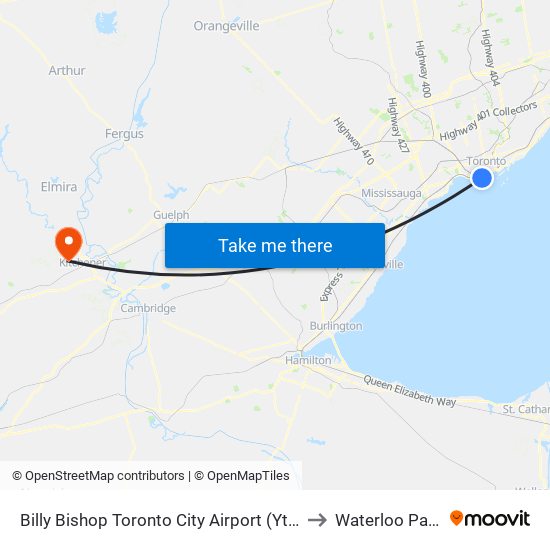 Billy Bishop Toronto City Airport (Ytz) to Waterloo Park map