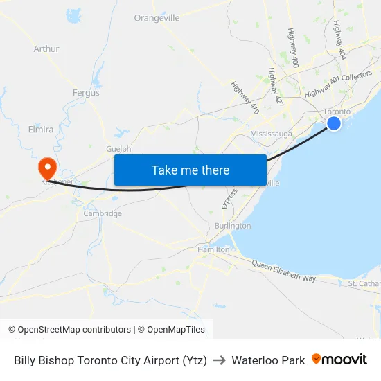 Billy Bishop Toronto City Airport (Ytz) to Waterloo Park map