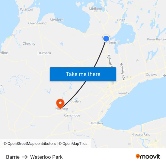 Barrie to Waterloo Park map