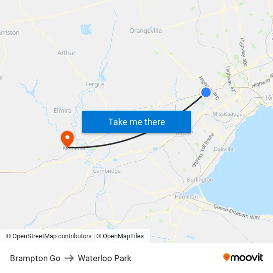 Brampton Go to Waterloo Park map