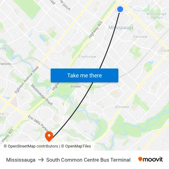 Mississauga to South Common Centre Bus Terminal map
