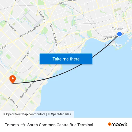 Toronto to South Common Centre Bus Terminal map