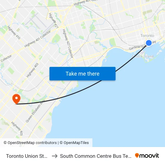 Toronto Union Station to South Common Centre Bus Terminal map