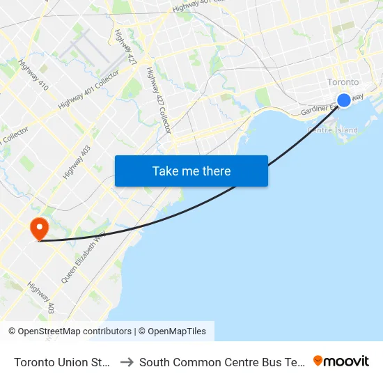 Toronto Union Station to South Common Centre Bus Terminal map