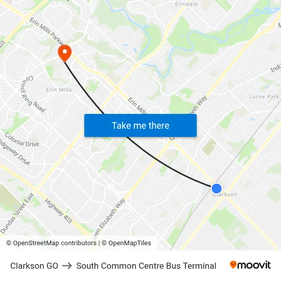 Clarkson GO to South Common Centre Bus Terminal map