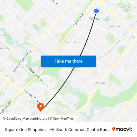 Square One Shopping Centre to South Common Centre Bus Terminal map