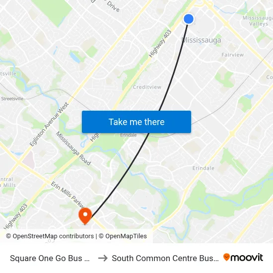 Square One Go Bus Terminal to South Common Centre Bus Terminal map
