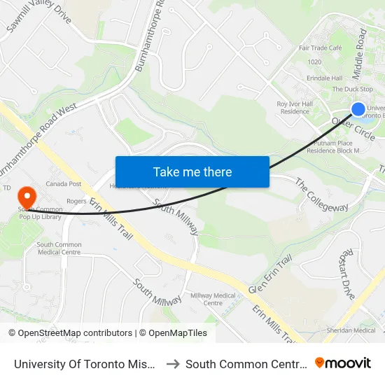 University Of Toronto Mississauga Campus to South Common Centre Bus Terminal map