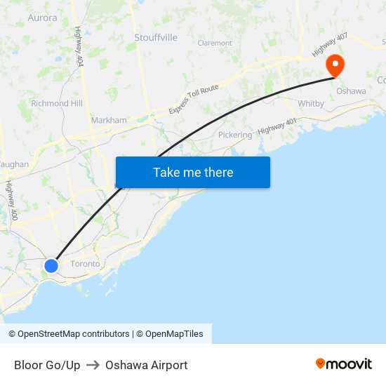 Bloor Go/Up to Oshawa Airport map