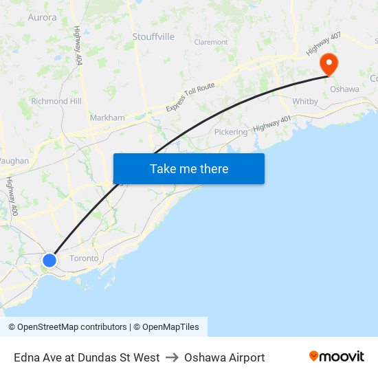 Edna Ave at Dundas St West to Oshawa Airport map