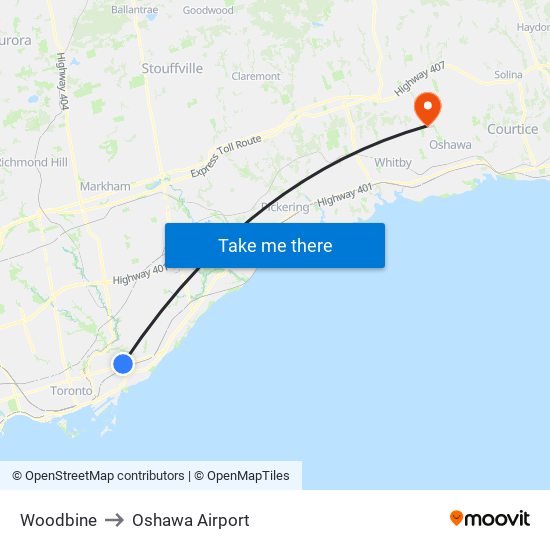 Woodbine to Oshawa Airport map