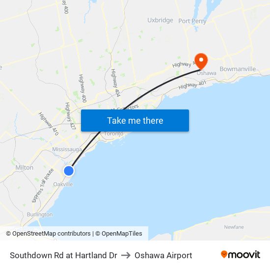 Southdown Rd at Hartland Dr to Oshawa Airport map