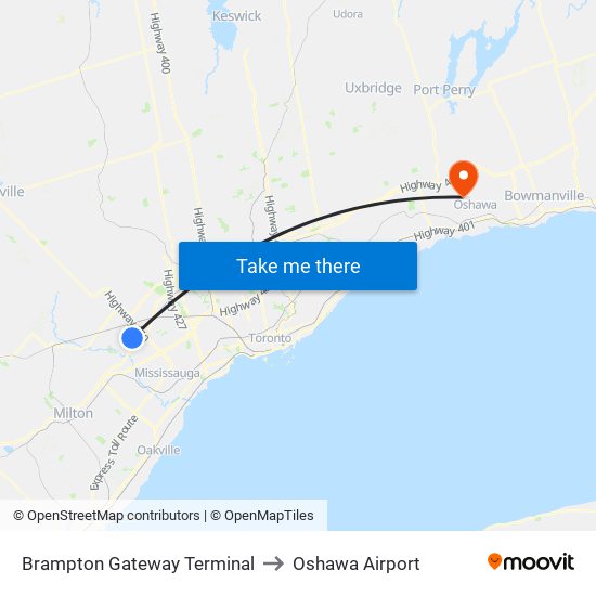 Brampton Gateway Terminal to Oshawa Airport map