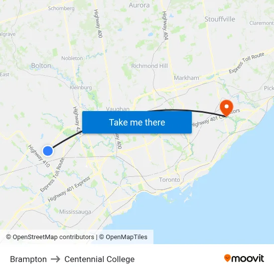 Brampton to Centennial College map