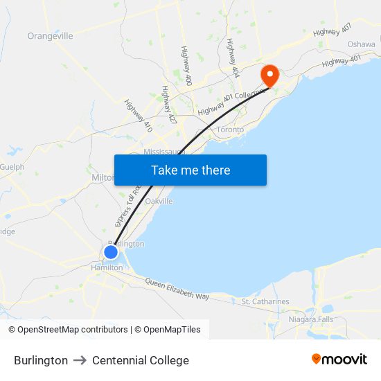 Burlington to Centennial College map