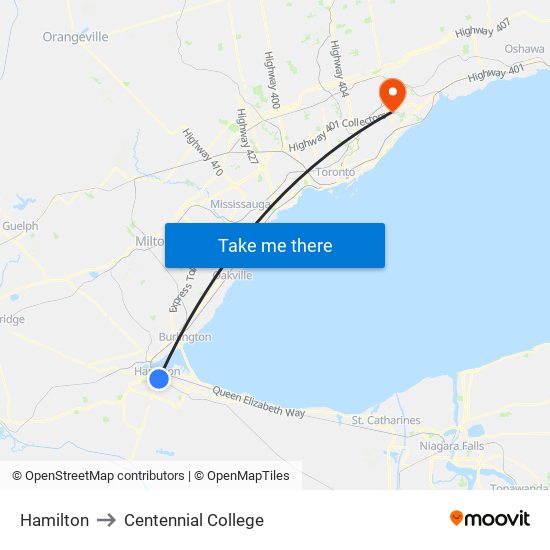 Hamilton to Centennial College map