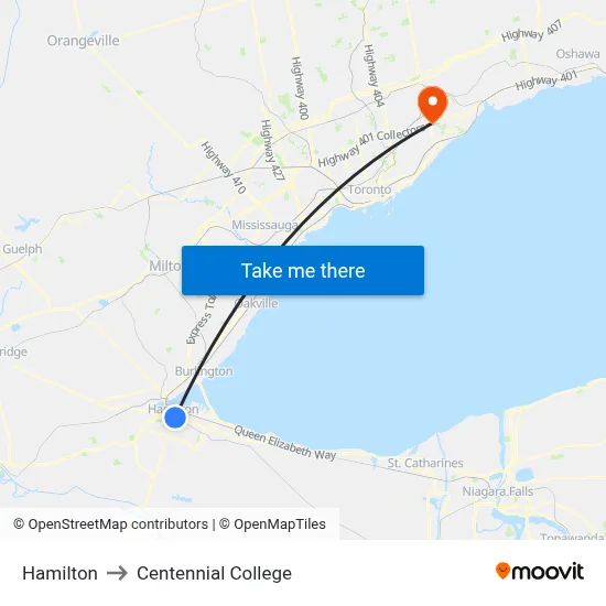 Hamilton to Centennial College map