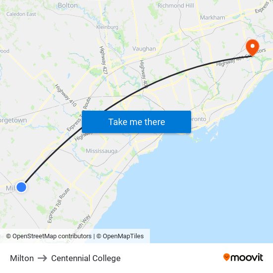 Milton to Centennial College map