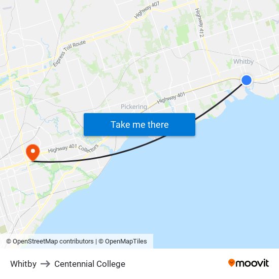 Whitby to Centennial College map