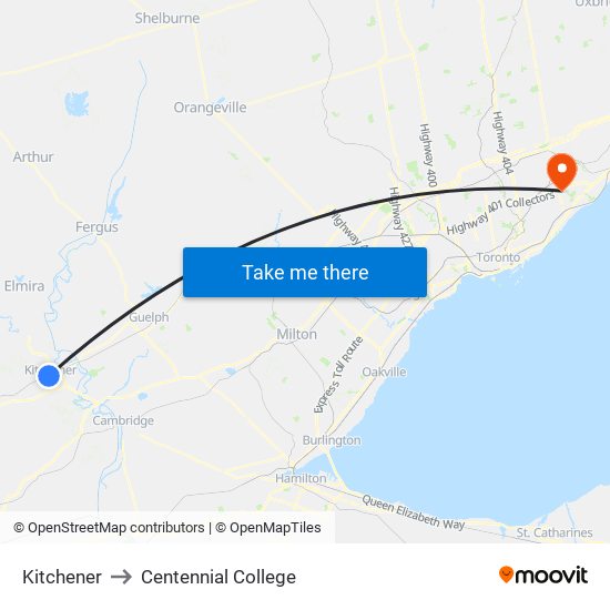 Kitchener to Centennial College map