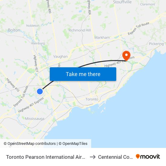 Toronto Pearson International Airport (Yyz) to Centennial College map