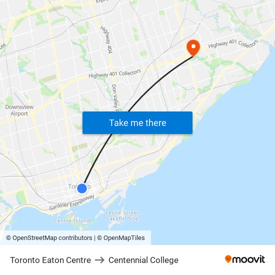 Toronto Eaton Centre to Centennial College map