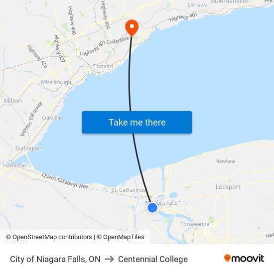 City of Niagara Falls, ON to Centennial College map