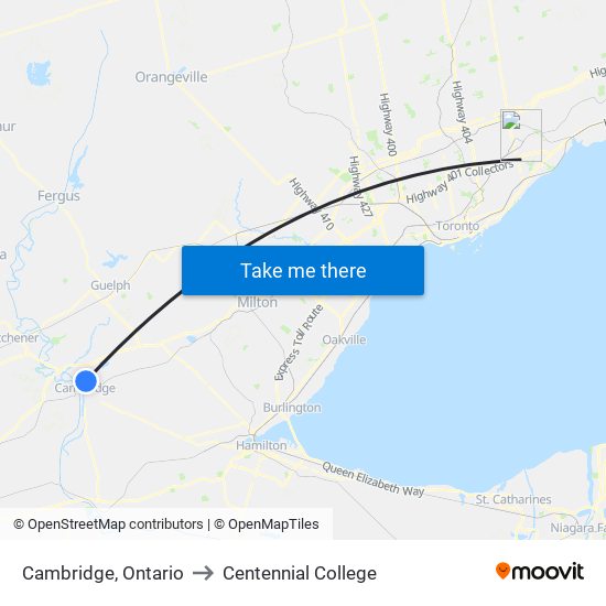 Cambridge, Ontario to Centennial College map