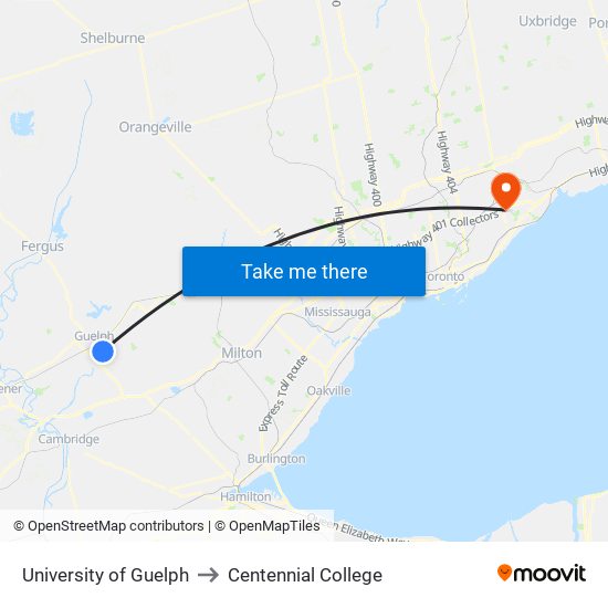University of Guelph to Centennial College map