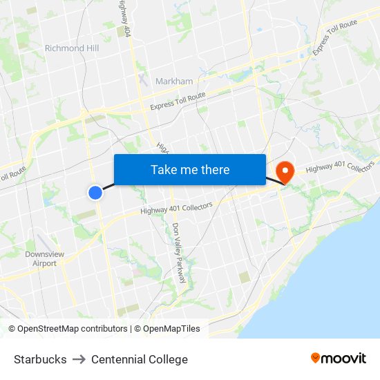 Starbucks to Centennial College map