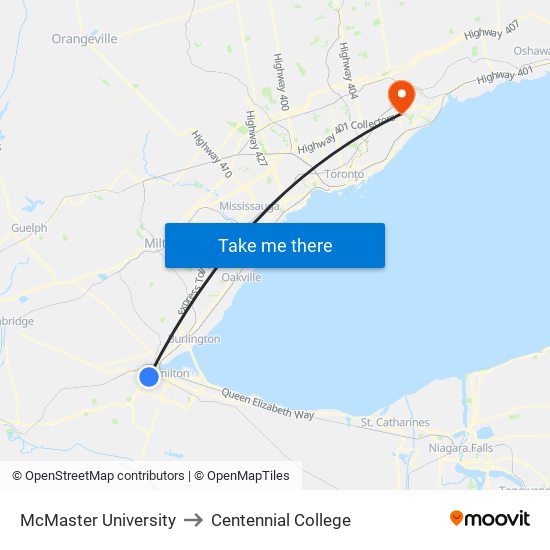 McMaster University to Centennial College map