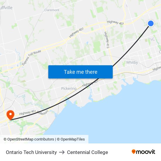 Ontario Tech University to Centennial College map