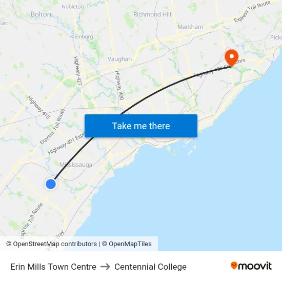 Erin Mills Town Centre to Centennial College map
