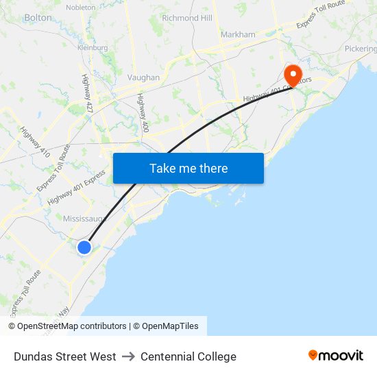 Dundas Street West to Centennial College map