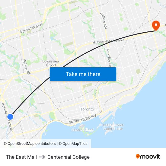 The East Mall to Centennial College map