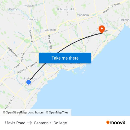 Mavis Road to Centennial College map