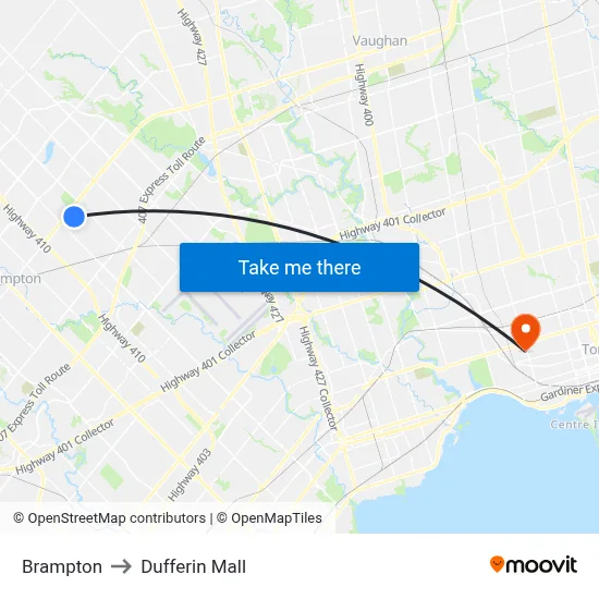 Brampton to Dufferin Mall map