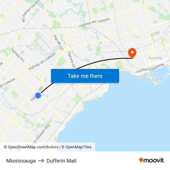 Mississauga to Dufferin Mall map