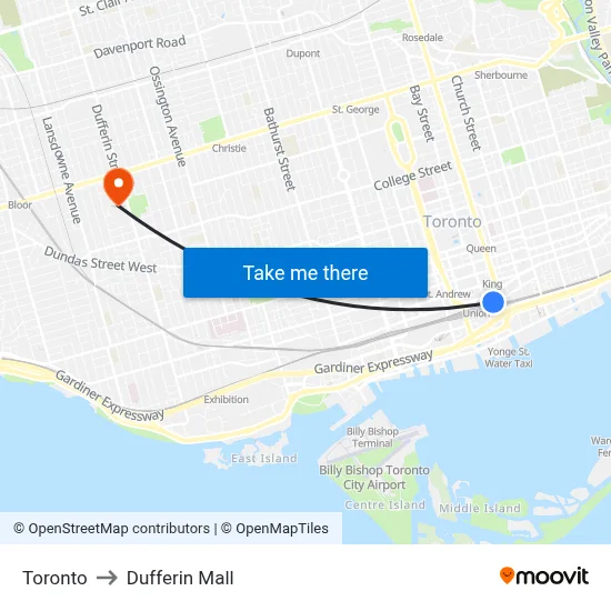 Toronto to Dufferin Mall map