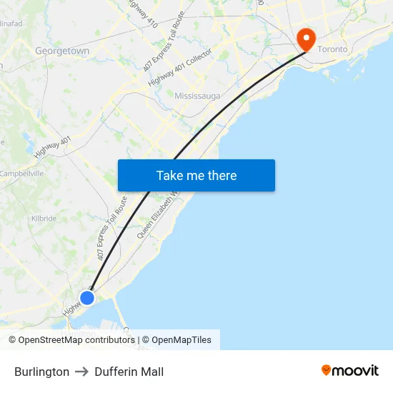 Burlington to Dufferin Mall map