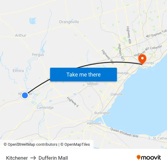Kitchener to Dufferin Mall map