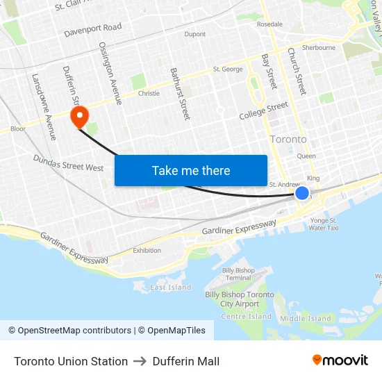 Toronto Union Station to Dufferin Mall map