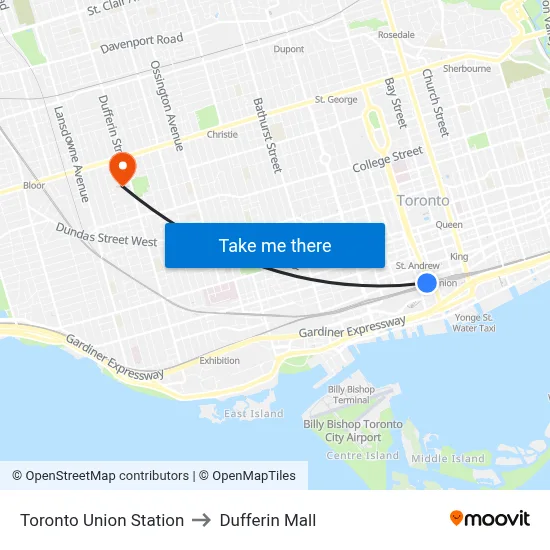 Toronto Union Station to Dufferin Mall map