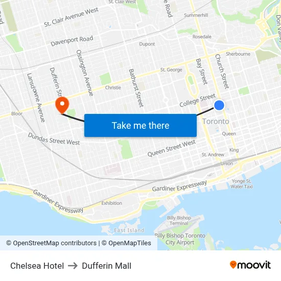 Chelsea Hotel to Dufferin Mall map