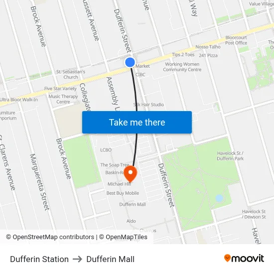 Dufferin Station to Dufferin Mall map