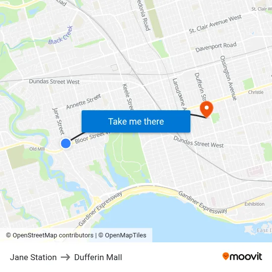 Jane Station to Dufferin Mall map