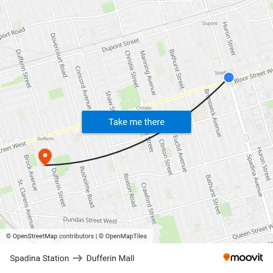 Spadina Station to Dufferin Mall map
