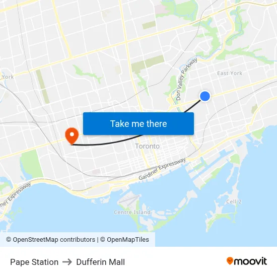 Pape Station to Dufferin Mall map