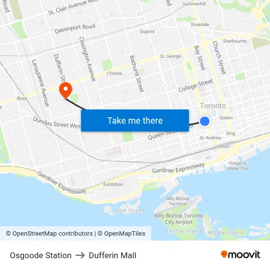 Osgoode Station to Dufferin Mall map