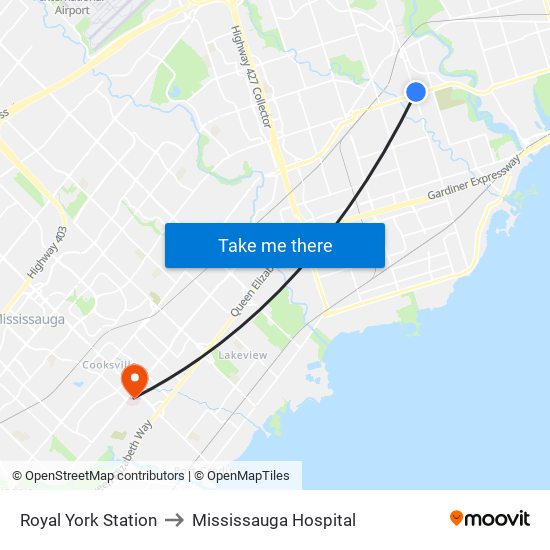 Royal York Station to Mississauga Hospital map